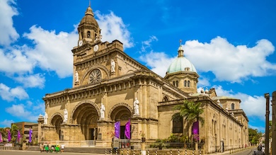 Historic Manila Cathedral, a landmark in Intramuros, Manila, showcasing Spanish-era Catholic architecture and Philippine religious heritage.