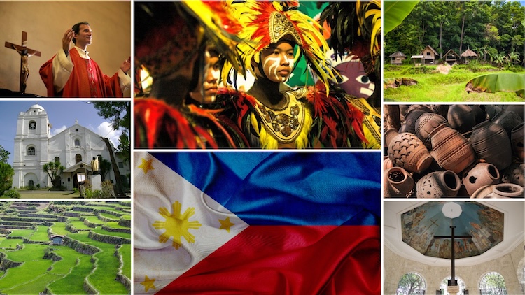 Philippine culture and history—traditional dancers in colorful attire performing against a backdrop of historic Spanish-era churches and indigenous heritage.
